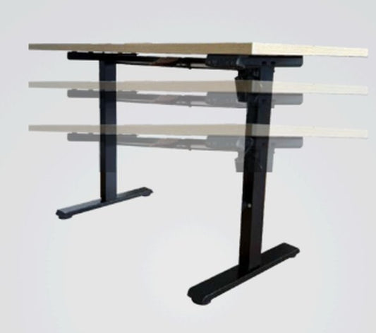 Puesto elevable eléctrico M4 de Archivos Activos, estructura negra con tapa de madera en tres alturas