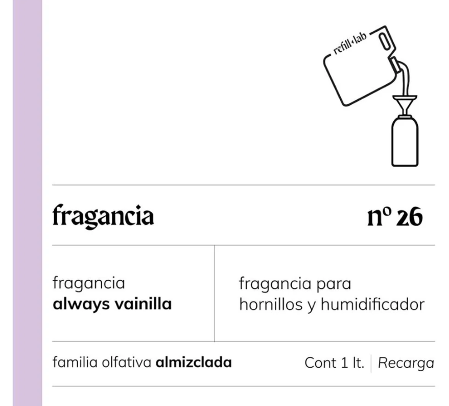 Etiqueta de Fragancia Pura Refill Lab n.º 26 Always Vainilla, familia almizclada, para hornillos y humidificadores