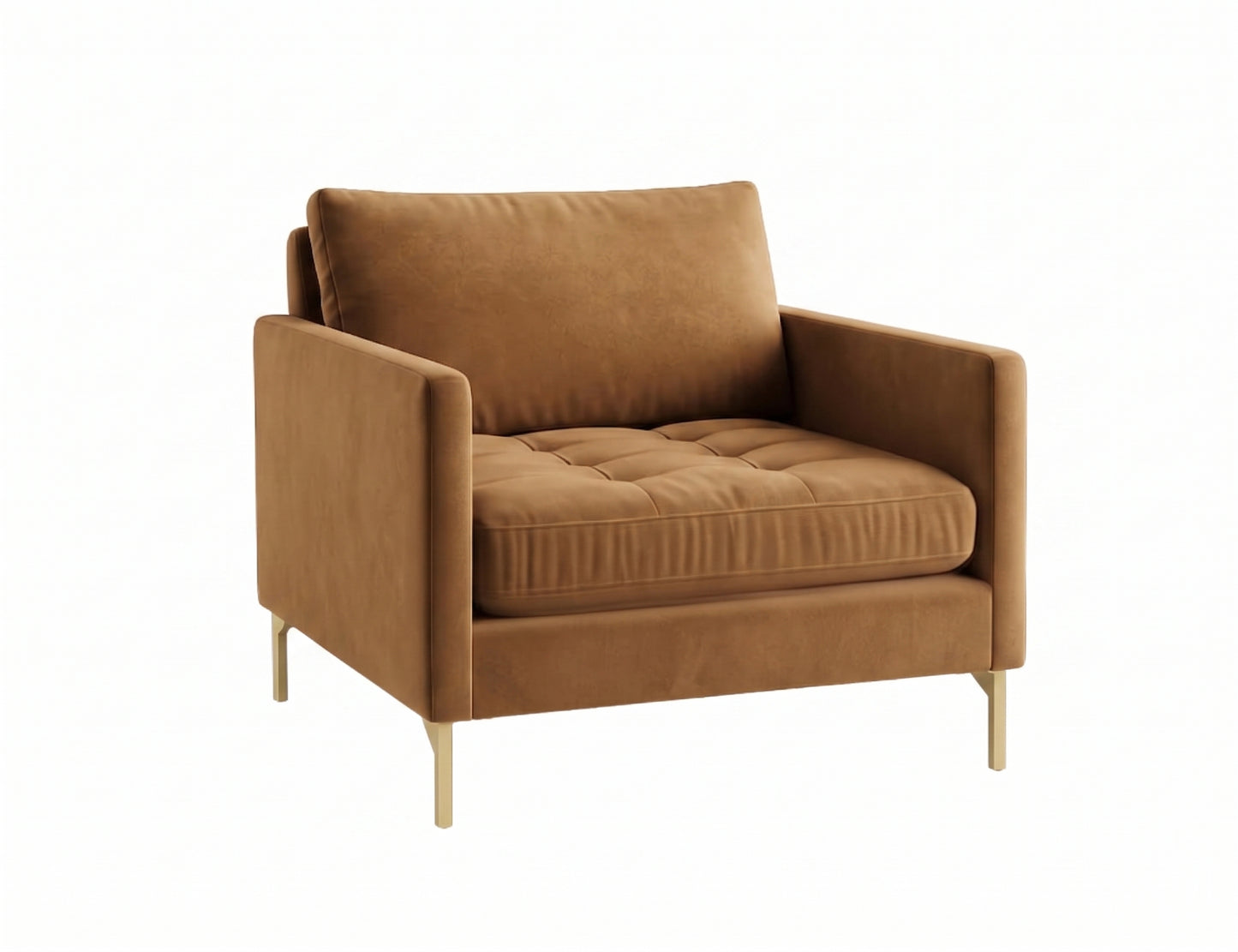 Sillón de un cuerpo Ristretto color Gamuza en pana antimanchas importada, detalle textural en el asiento y patas doradas — para un sillón elegante ideal si recibís visitas seguido. Hecho a medida por Tienda de Banquitos.