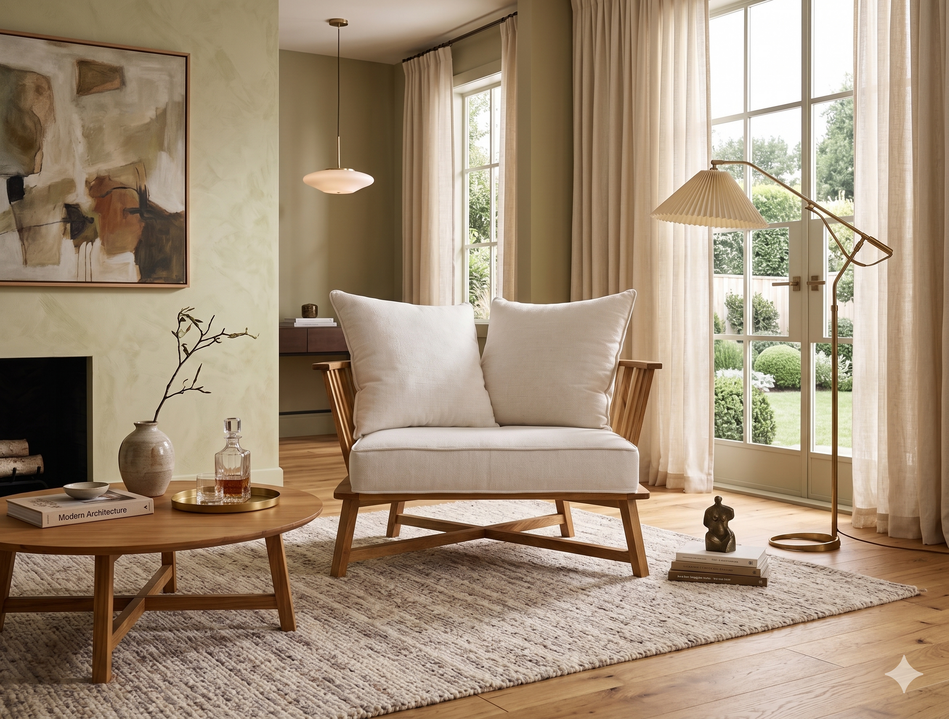 Sillón individual de estructura de madera clara con brazos y respaldo de listones, cojines blancos sueltos en asiento y respaldo, de diseño minimalista y estilo escandinavo.
