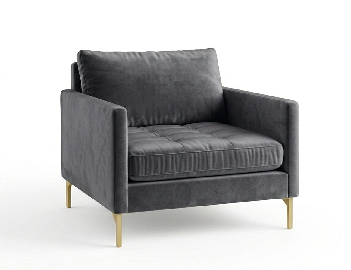 Sillón de un cuerpo Ristretto color Grafito en pana antimanchas importada, detalle textural en el asiento y patas doradas — para un sillón elegante ideal si recibís visitas seguido. Hecho a medida por Tienda de Banquitos.