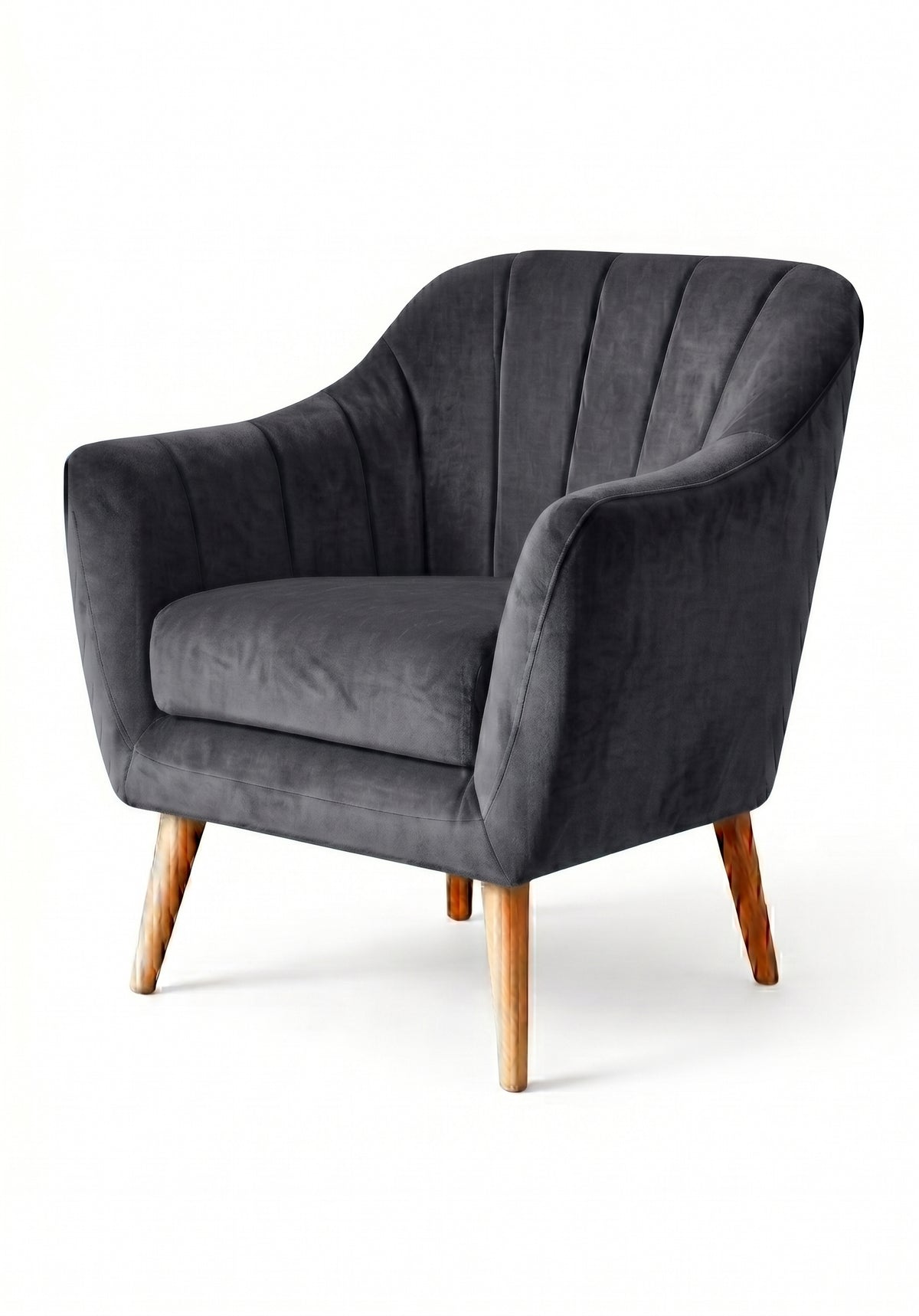 Sillón de un cuerpo Collin color Grafito en pana antimanchas importada, diseño liviano de respaldo bajo y patas de madera — liviano y fácil de ubicar en cualquier ambiente. Hecho a medida por Tienda de Banquitos.