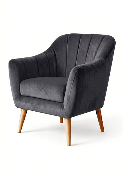 Sillón de un cuerpo Collin color Grafito en pana antimanchas importada, diseño liviano de respaldo bajo y patas de madera — liviano y fácil de ubicar en cualquier ambiente. Hecho a medida por Tienda de Banquitos.