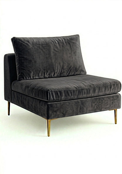 Sillón Edlyn premium en color grafito, sin apoyabrazos, estructura de madera maciza y patas de aluminio dorado – Tienda de Banquitos