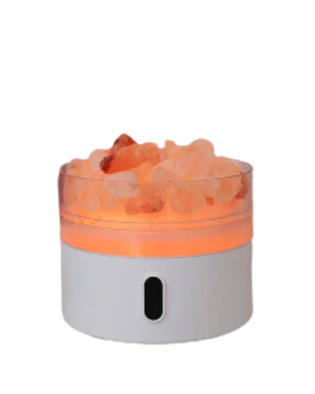 Humidificador con lámpara de sal de 220 ml, base blanca y piedras de sal iluminadas en naranja
