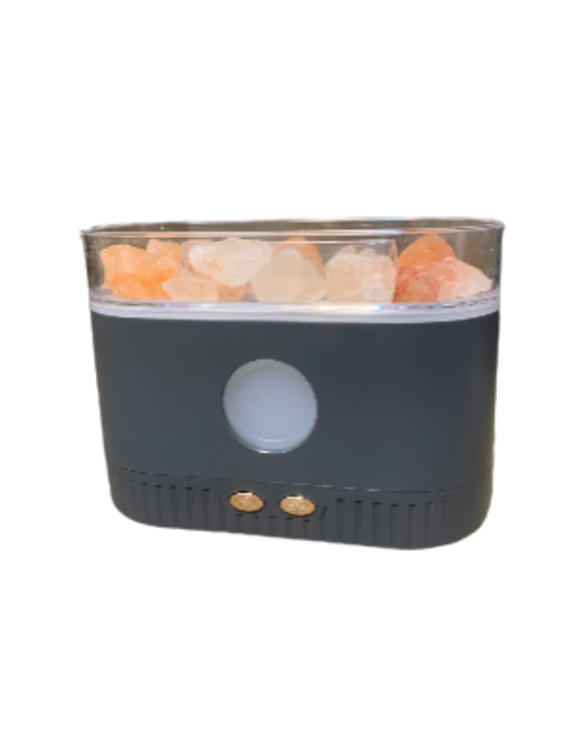 Humidificador con piedras de sal de base gris oscura, vista frontal completa