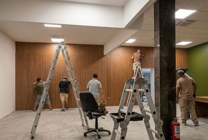 Equipo instalando el revestimiento de madera en las paredes de las oficinas del Banco del Chaco