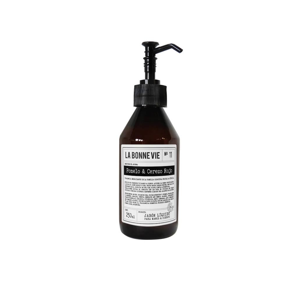 Jabón líquido La Bonne Vie de 250 ml, aroma N°11 Pomelo y Cerezo Rojo, con bomba dosificadora negra
