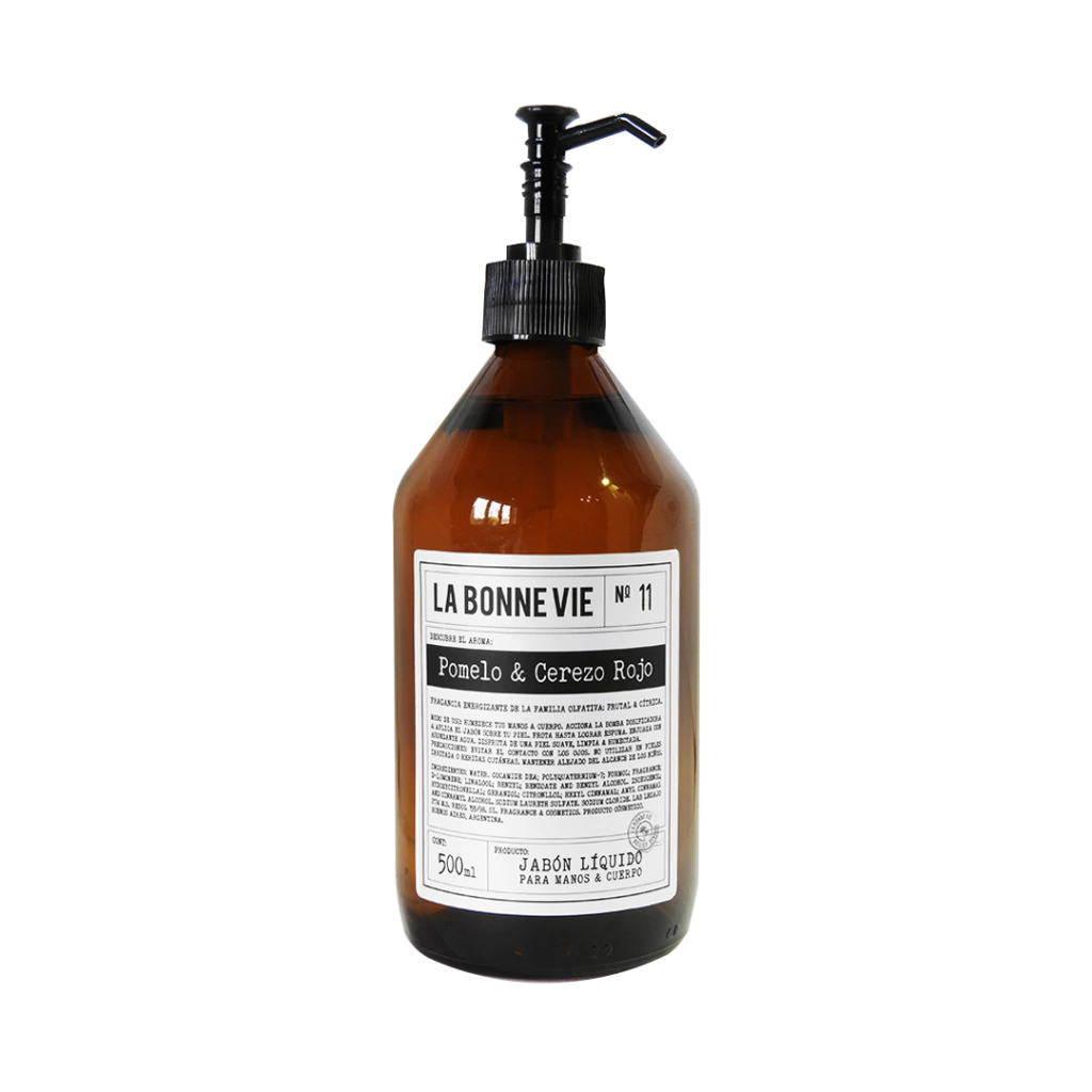 Jabón líquido La Bonne Vie, aroma N°11 Pomelo y Cerezo Rojo, en frasco ámbar con bomba negra