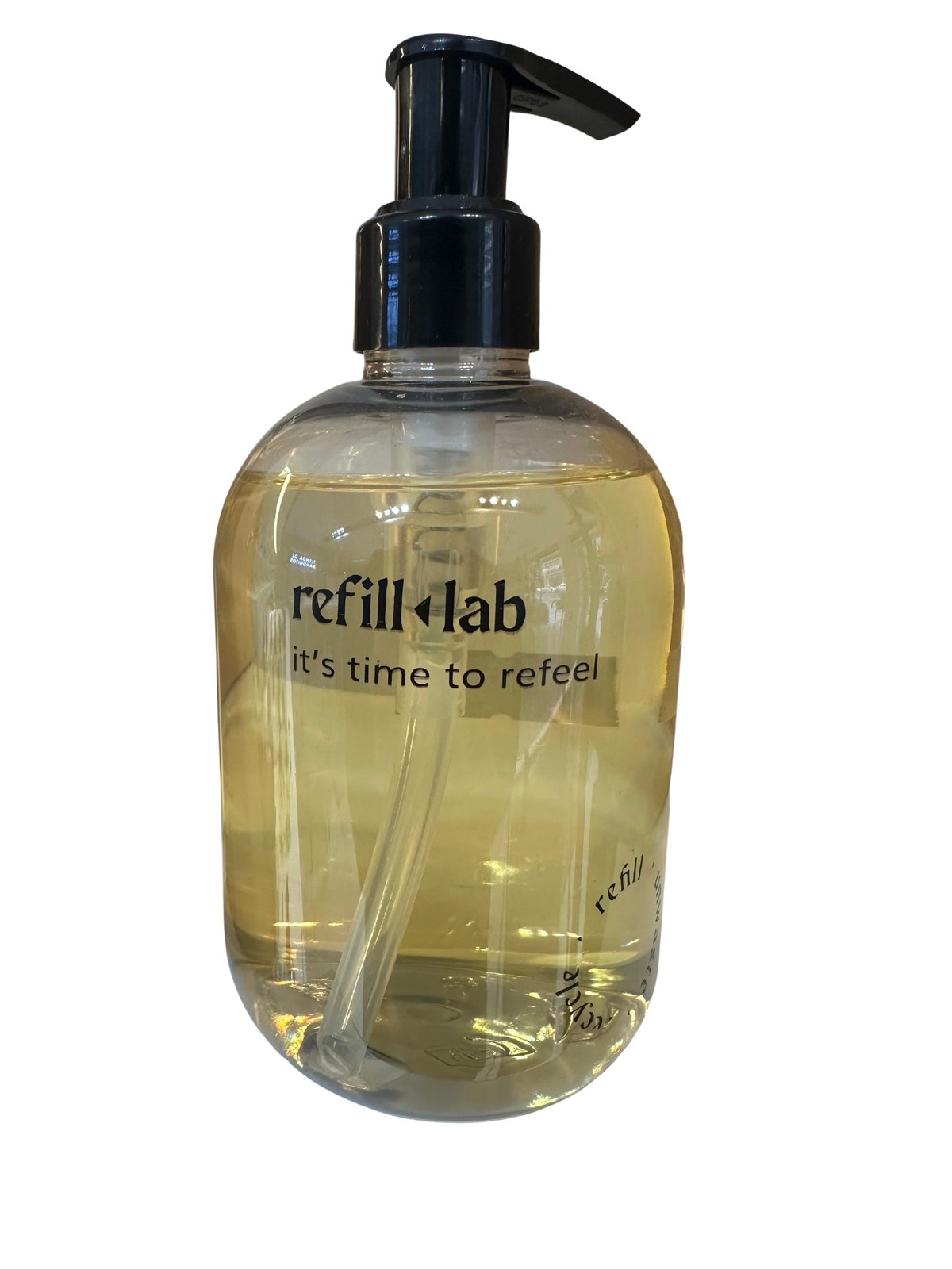 Frasco redondo de Jabón Líquido Refill Lab de 300 ml con válvula negra y leyenda it’s time to refeel