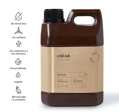 Bidón de 2 litros de Jabón Líquido Refill Lab con etiqueta kraft e íconos: vegano y sin parabenos