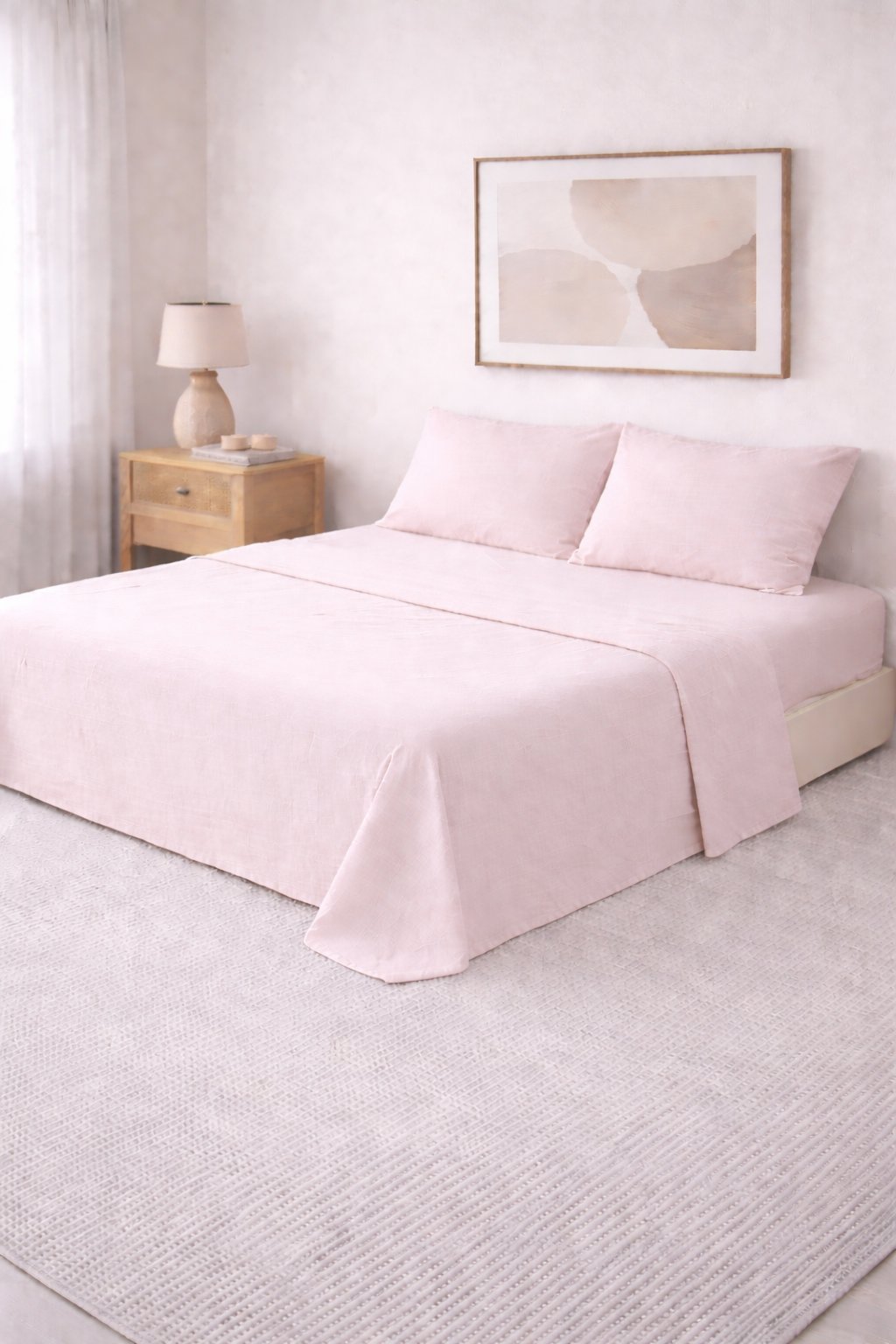 Juego de sábanas lisas Queen rosa pálido con dos fundas de almohada, tendido en una cama grande