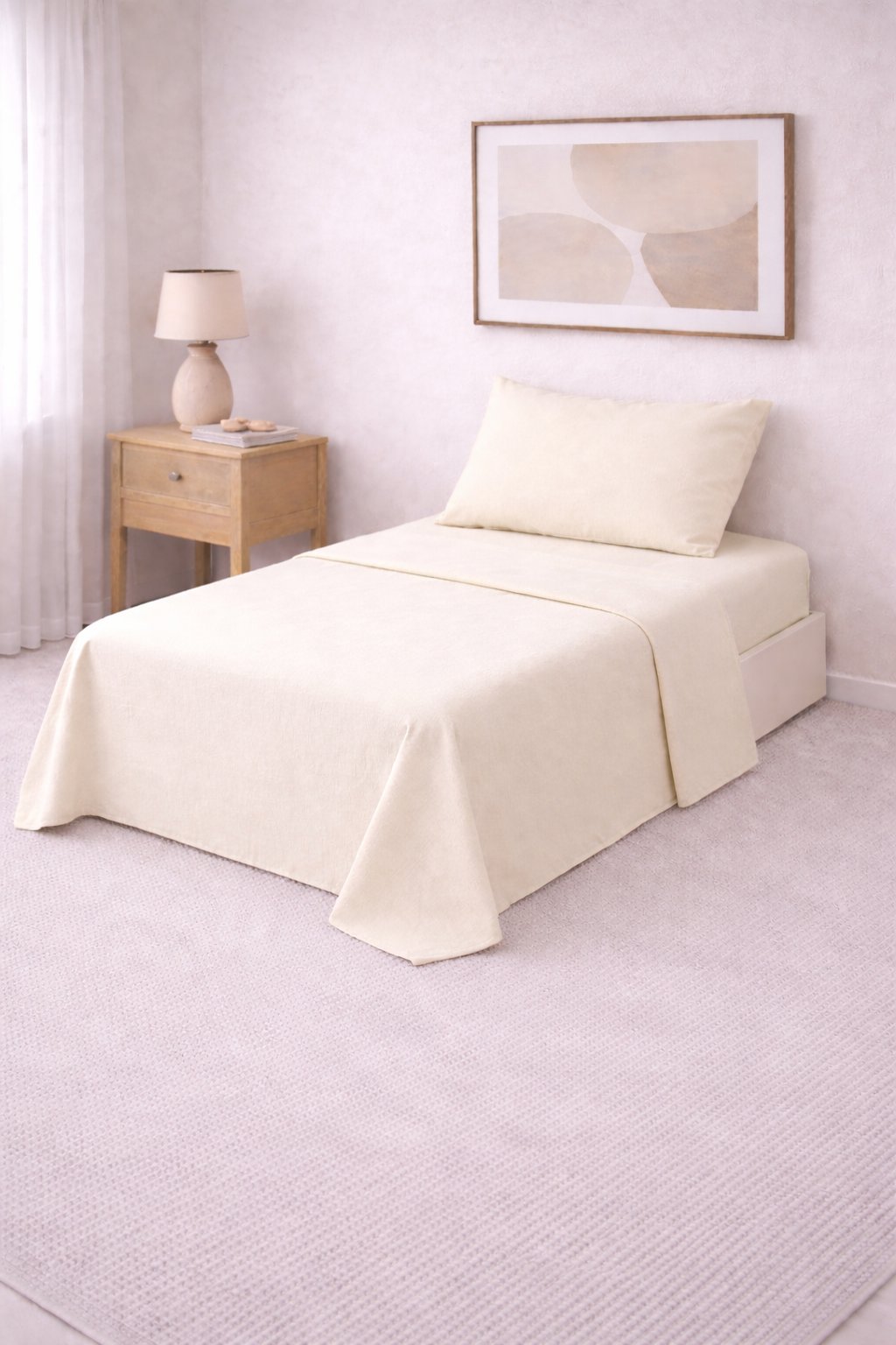 Juego de sábanas lisas Twin crema con una funda de almohada, tendido en una cama de una plaza