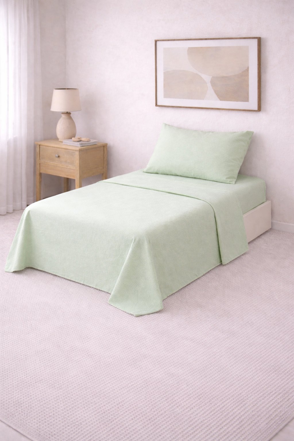 Juego de sábanas lisas Twin verde pastel con una funda de almohada, tendido en una cama de una plaza