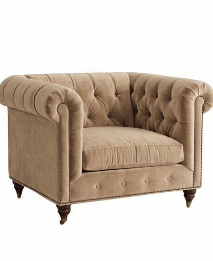 Sillón de un cuerpo Chesterfield color Latte en pana antimanchas importada, el clásico diseño inglés firme con detalle de tachas — con onda inglesa para destacar. Hecho a medida por Tienda de Banquitos.