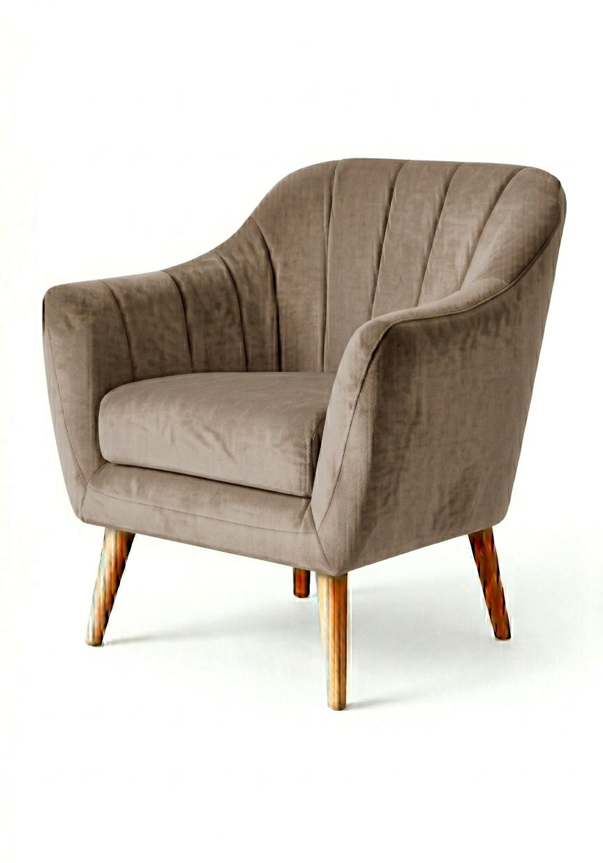 Sillón de un cuerpo Collin color Latte en pana antimanchas importada, diseño liviano de respaldo bajo y patas de madera — para un rincón chico del living. Hecho a medida por Tienda de Banquitos.