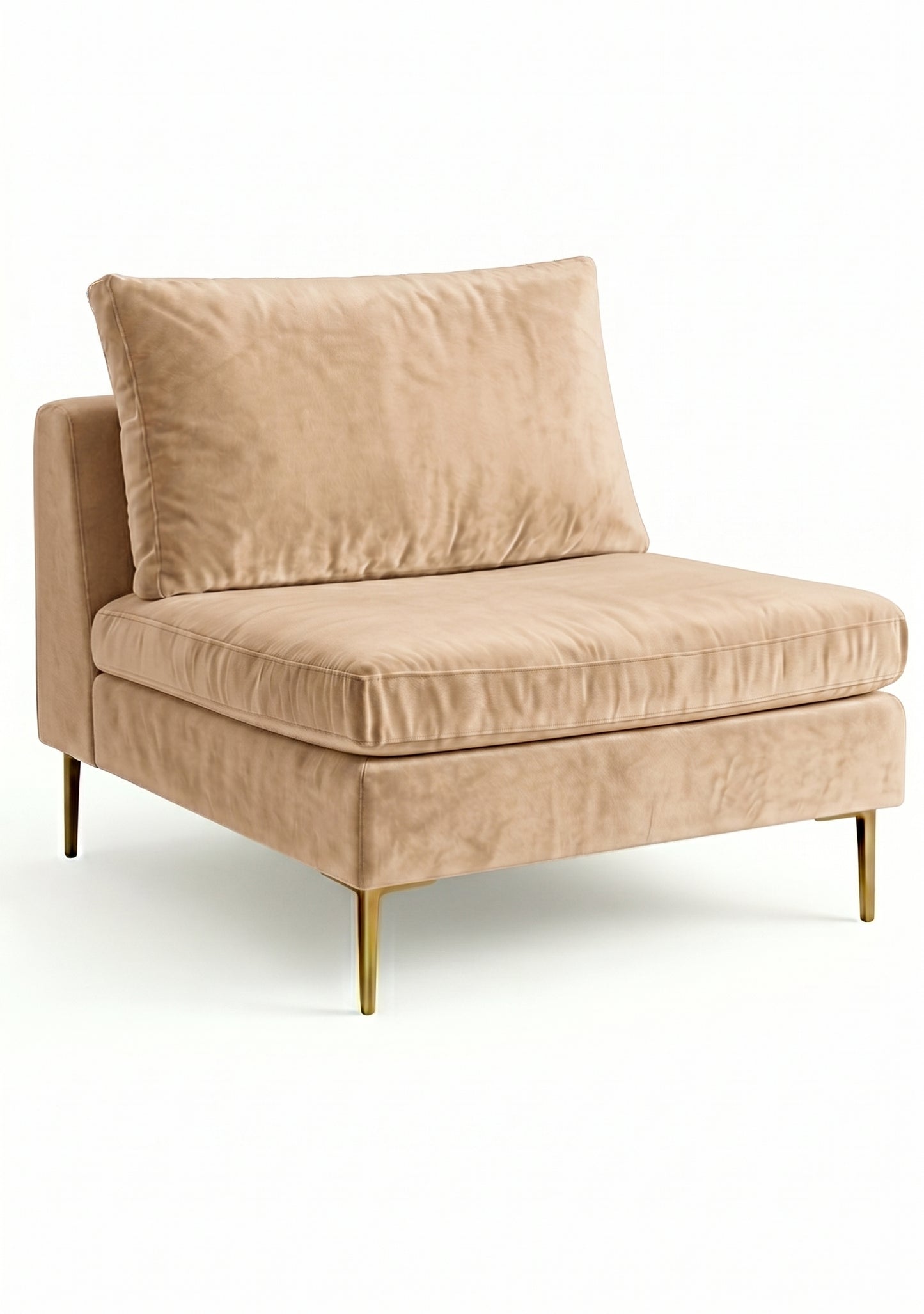 Sillón Edlyn premium en color latte, sin apoyabrazos, estructura de madera maciza y patas de aluminio dorado – Tienda de Banquitos