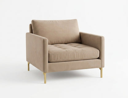Sillón de un cuerpo Ristretto color Latte en pana antimanchas importada, detalle textural en el asiento y patas doradas — que le da onda al living. Hecho a medida por Tienda de Banquitos.