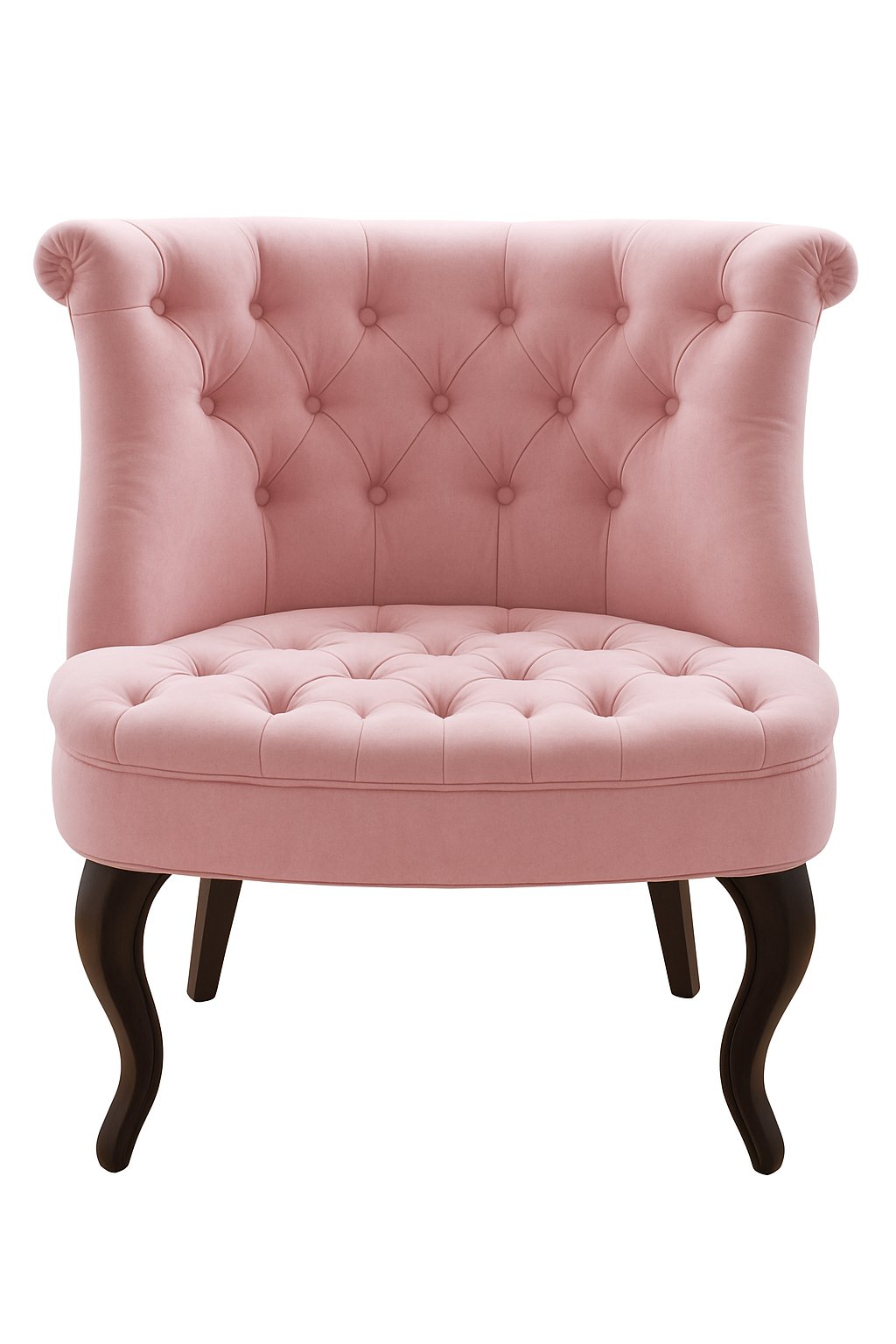 Sillón matero Matilde tapizado en rosa con respaldo capitoné y patas curvas oscuras – Tienda de Banquitos