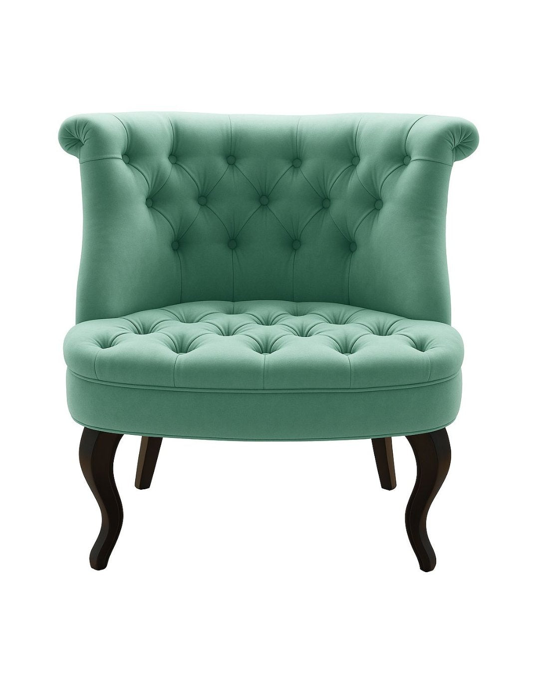 Sillón matero Matilde tapizado en verde con respaldo capitoné y patas curvas oscuras – Tienda de Banquitos