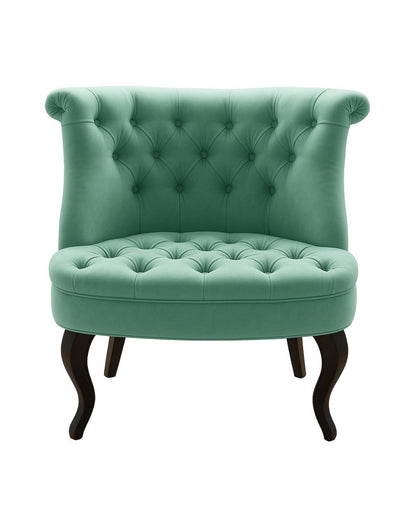 Sillón matero Matilde tapizado en verde con respaldo capitoné y patas curvas oscuras – Tienda de Banquitos