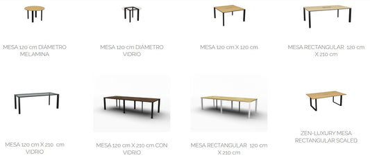 Medidas y versiones de la mesa de reunión línea Zen de Archivos Activos: redondas, cuadradas y rectangulares