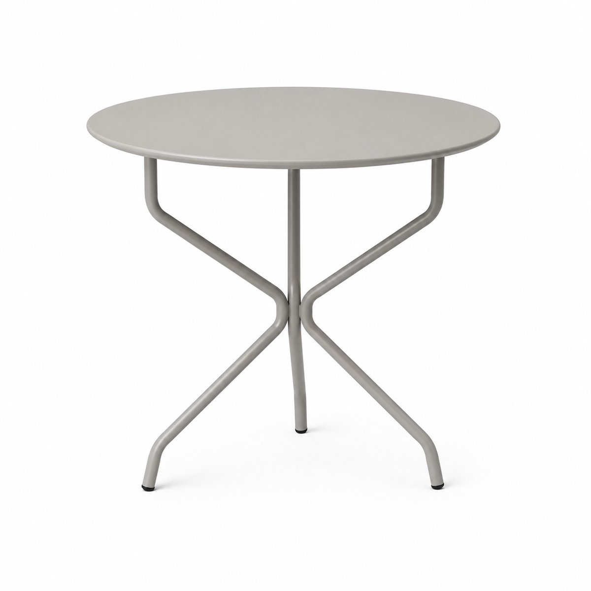 Mesa Cabo redonda fija en color gris, con patas de caño que se cruzan bajo la tapa