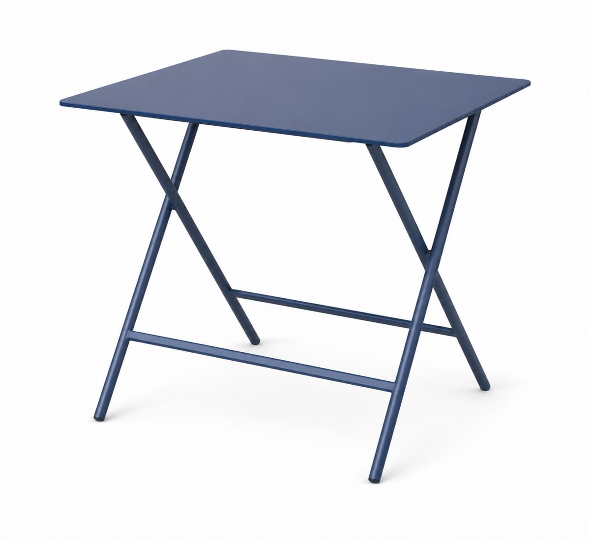 Mesa Prott cuadrada plegable azul, con patas en tijera de caño de acero y tapa del mismo color
