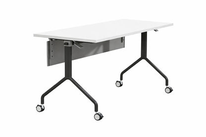 Mesa rebatible Turner de Archivos Activos abierta, tapa blanca, patas negras en Y y ruedas