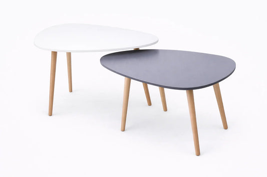 Mesas de arrime T05 de Archivos Activos, juego de dos con tapa orgánica blanca y gris y patas de madera