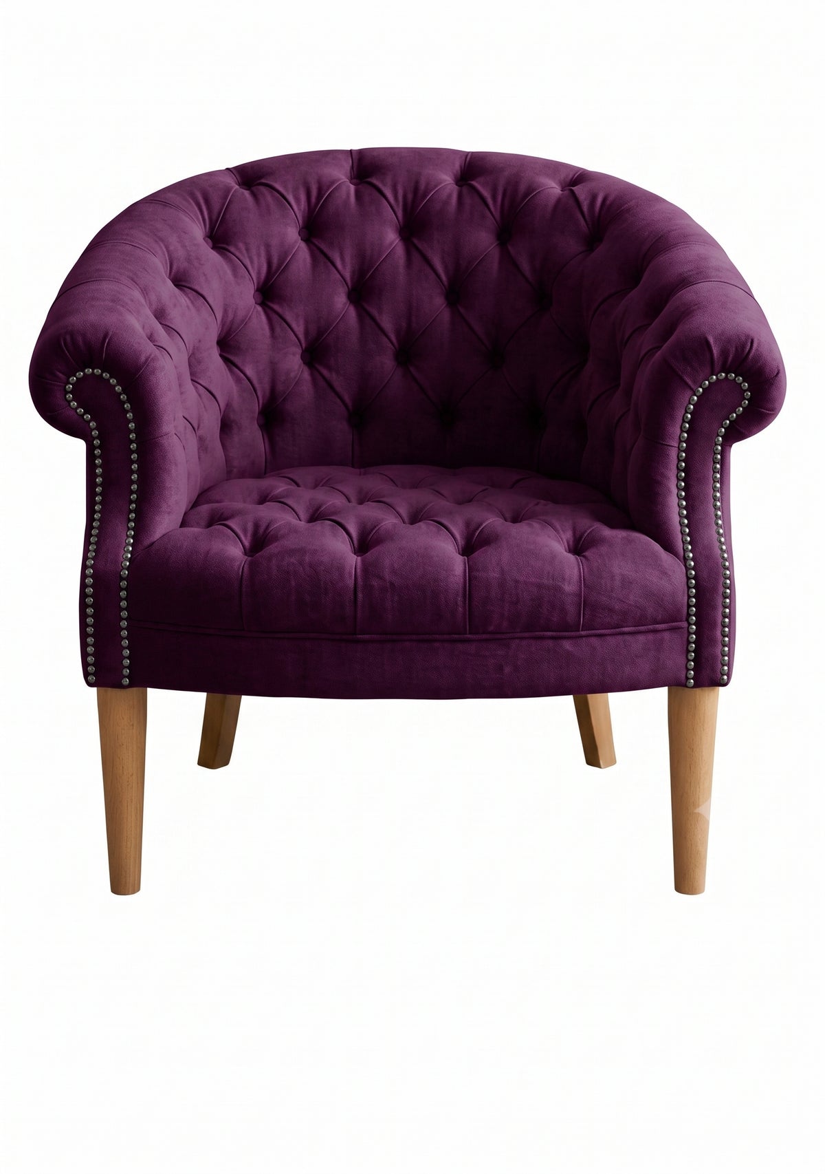 Sillón Nairobi de un cuerpo tapizado en obispo, capitoné redondeado con tachas y patas de madera – Tienda de Banquitos
