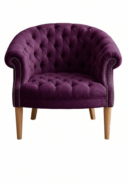 Sillón Nairobi de un cuerpo tapizado en obispo, capitoné redondeado con tachas y patas de madera – Tienda de Banquitos