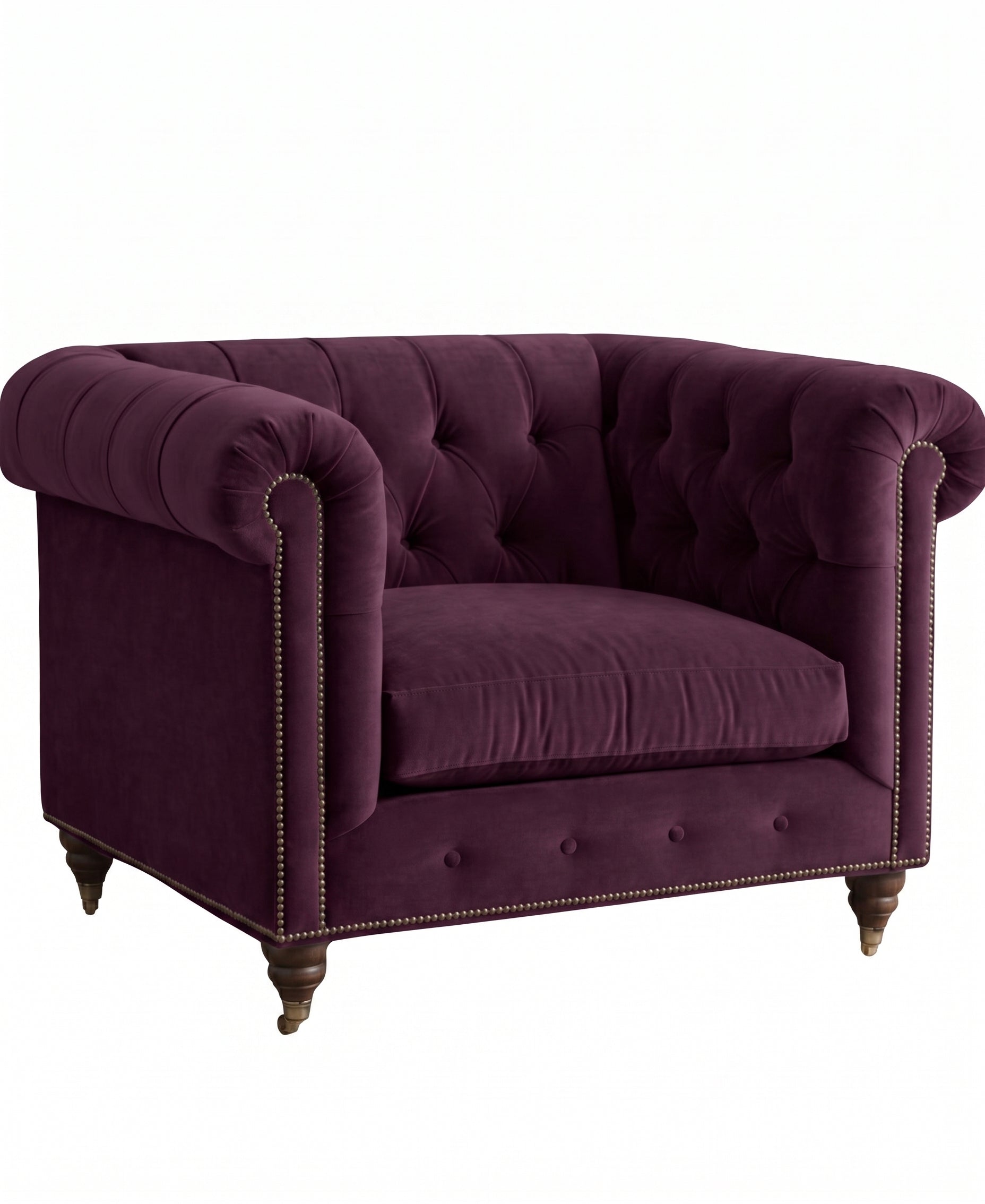 Sillón de un cuerpo Chesterfield color Obispo en pana antimanchas importada, el clásico diseño inglés firme con detalle de tachas — para un living con carácter que dure toda la vida. Hecho a medida por Tienda de Banquitos.