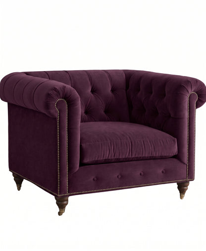 Sillón de un cuerpo Chesterfield color Obispo en pana antimanchas importada, el clásico diseño inglés firme con detalle de tachas — para un living con carácter que dure toda la vida. Hecho a medida por Tienda de Banquitos.