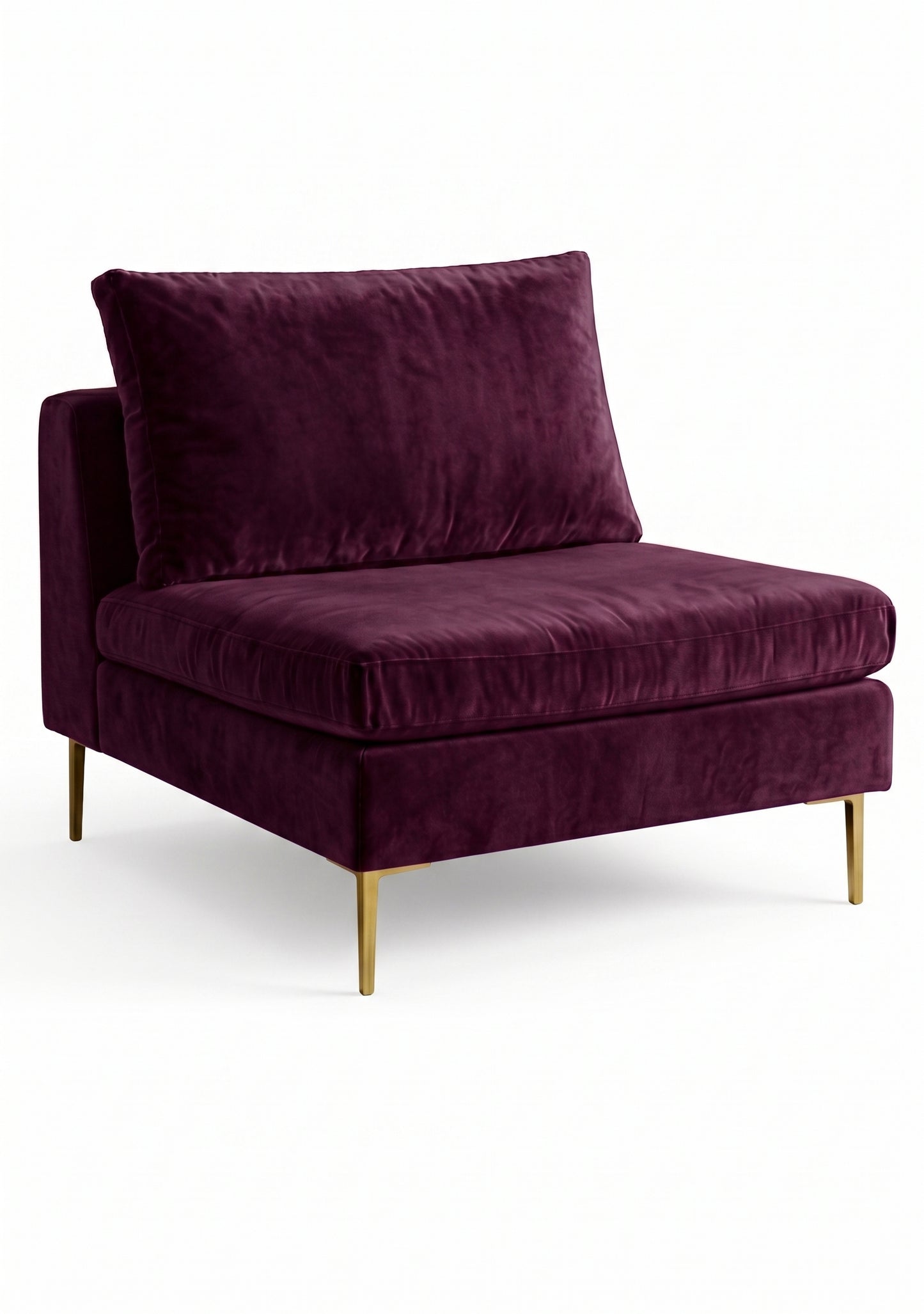 Sillón Edlyn premium en color obispo, sin apoyabrazos, estructura de madera maciza y patas de aluminio dorado – Tienda de Banquitos