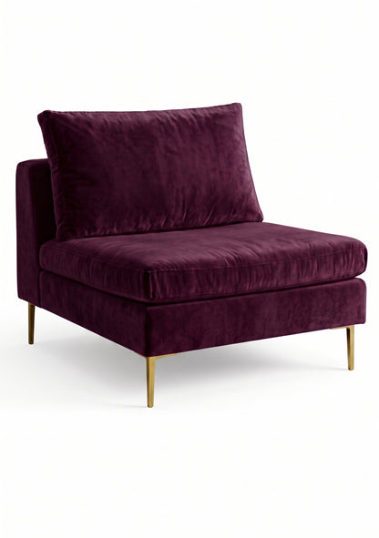 Sillón Edlyn premium en color obispo, sin apoyabrazos, estructura de madera maciza y patas de aluminio dorado – Tienda de Banquitos