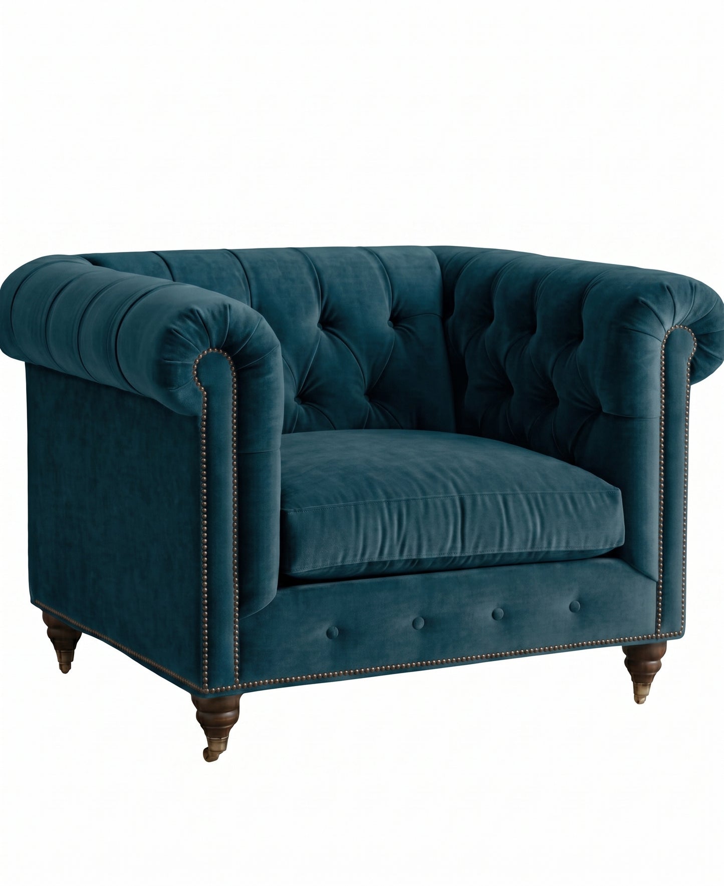 Sillón de un cuerpo Chesterfield color Océano en pana antimanchas importada, el clásico diseño inglés firme con detalle de tachas — para un living con carácter que dure toda la vida. Hecho a medida por Tienda de Banquitos.