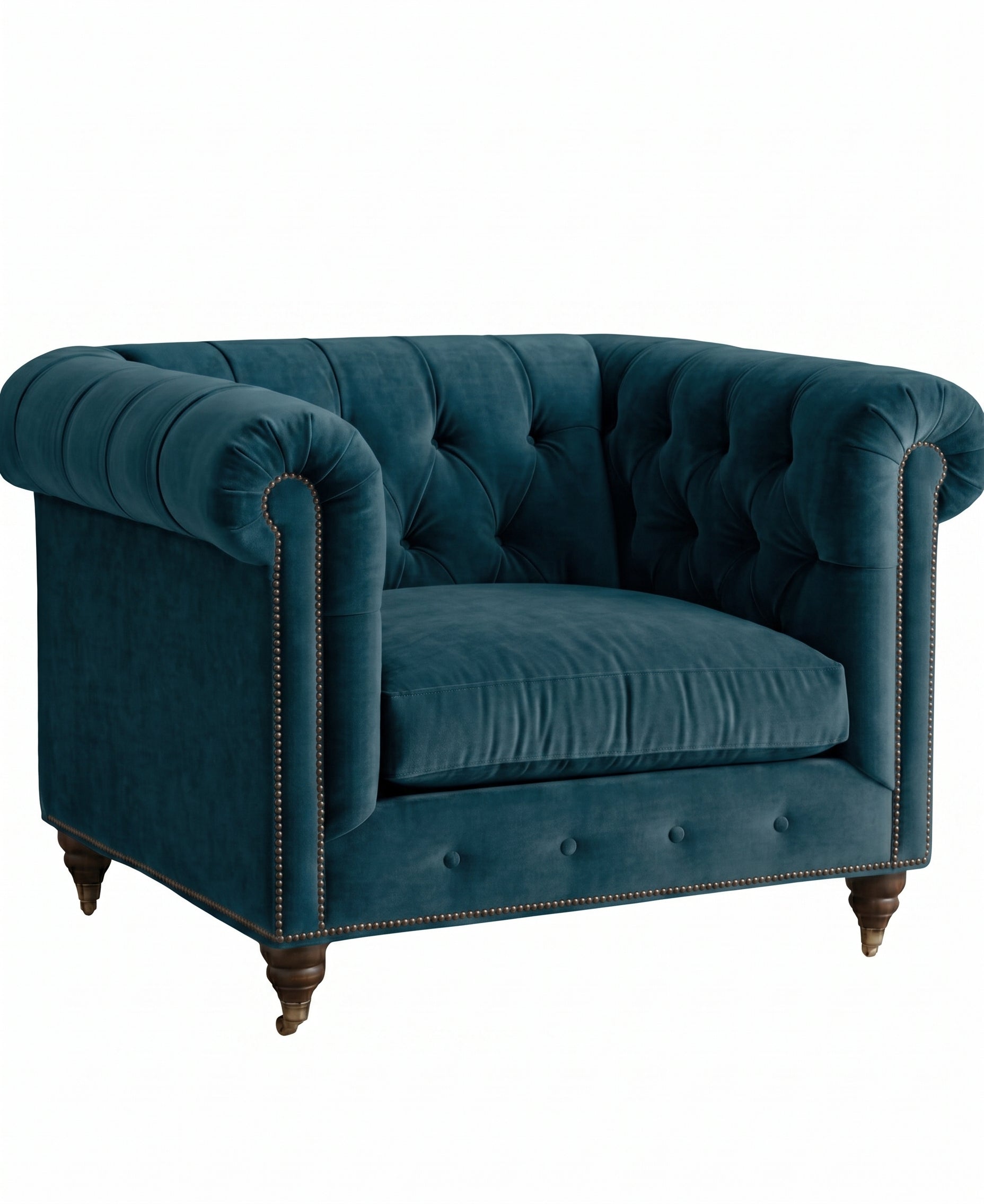Sillón de un cuerpo Chesterfield color Océano en pana antimanchas importada, el clásico diseño inglés firme con detalle de tachas — para un living con carácter que dure toda la vida. Hecho a medida por Tienda de Banquitos.