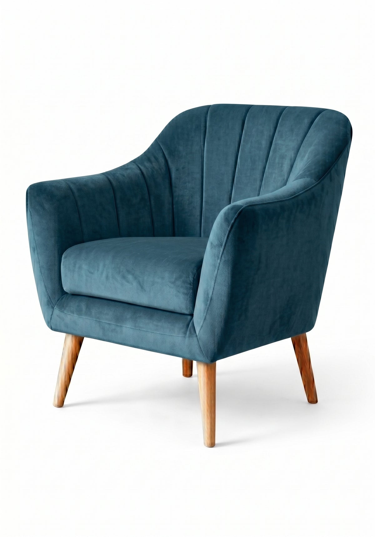 Sillón de un cuerpo Collin color Océano en pana antimanchas importada, diseño liviano de respaldo bajo y patas de madera — perfecto como sillón de dormitorio. Hecho a medida por Tienda de Banquitos.