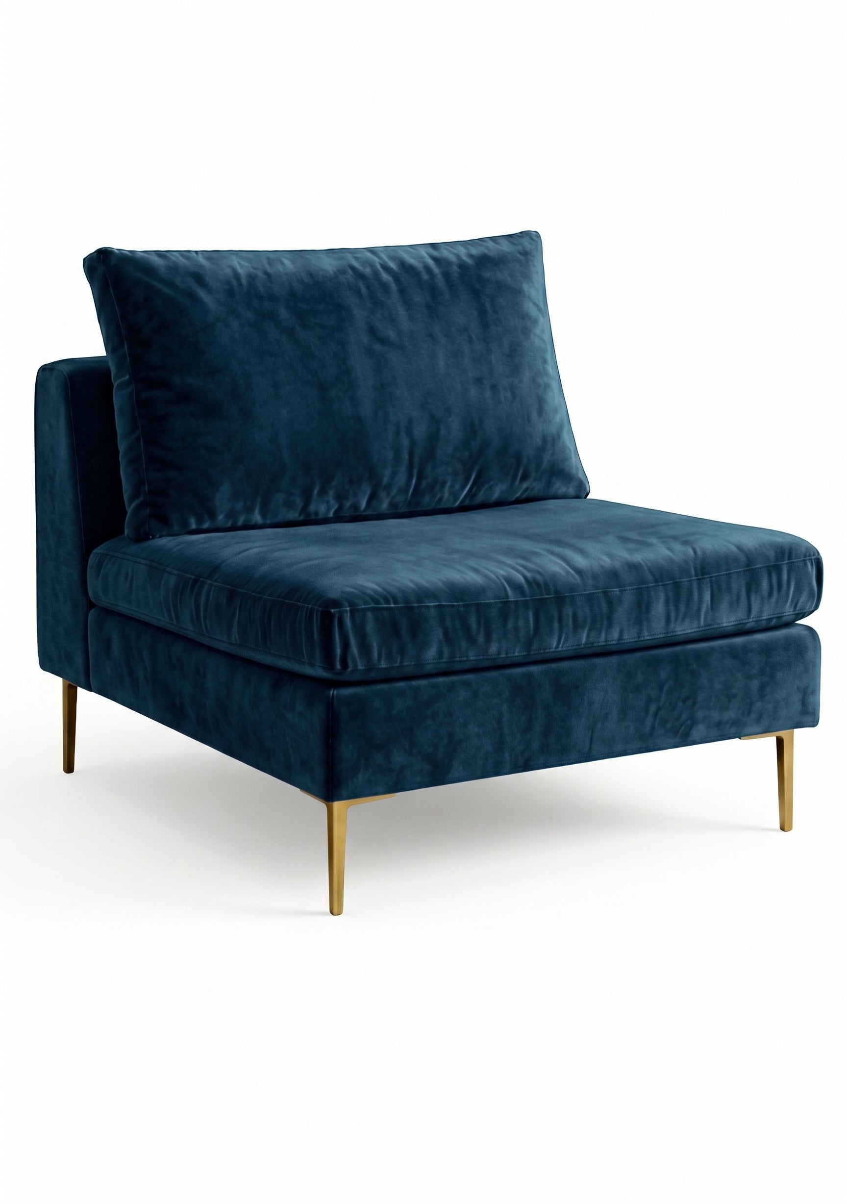 Sillón Edlyn premium en color océano, sin apoyabrazos, estructura de madera maciza y patas de aluminio dorado – Tienda de Banquitos