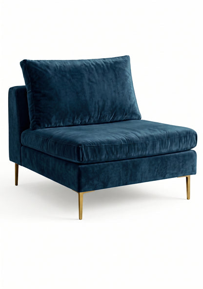Sillón Edlyn premium en color océano, sin apoyabrazos, estructura de madera maciza y patas de aluminio dorado – Tienda de Banquitos