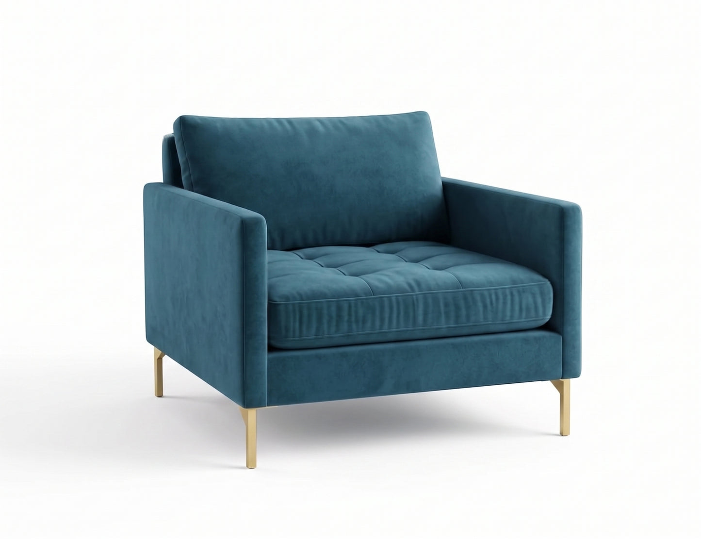 Sillón de un cuerpo Ristretto color Océano en pana antimanchas importada, detalle textural en el asiento y patas doradas — con un toque elegante para destacar. Hecho a medida por Tienda de Banquitos.