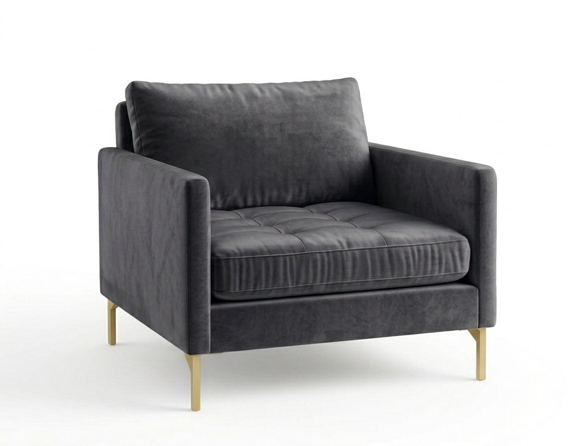 Sillón de un cuerpo Ristretto color Onix en pana antimanchas importada, detalle textural en el asiento y patas doradas — con un toque elegante para destacar. Hecho a medida por Tienda de Banquitos.