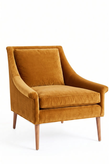 Sillón de un cuerpo Bélgica color Oro en pana antimanchas importada, diseño simple y envolvente — para un living simple y cómodo. Hecho a medida por Tienda de Banquitos.