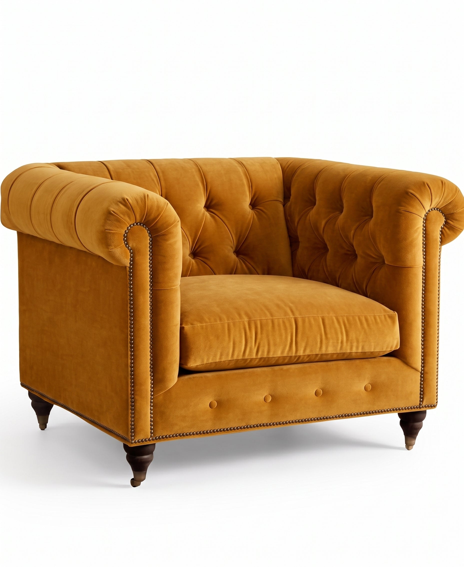 Sillón de un cuerpo Chesterfield color Oro en pana antimanchas importada, el clásico diseño inglés firme con detalle de tachas — con onda inglesa para destacar. Hecho a medida por Tienda de Banquitos.