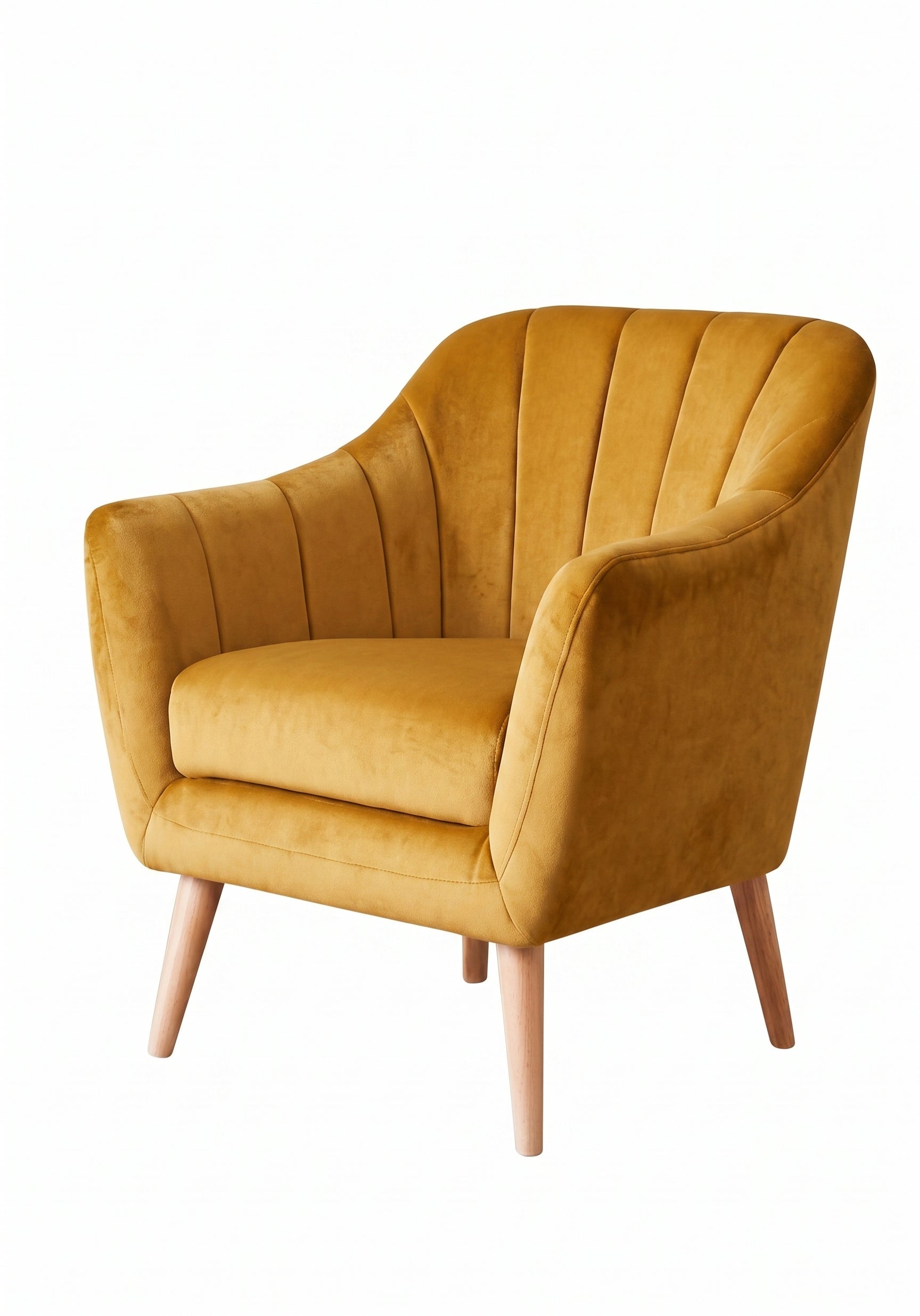 Sillón de un cuerpo Collin color Oro en pana antimanchas importada, diseño liviano de respaldo bajo y patas de madera — para un rincón chico del living. Hecho a medida por Tienda de Banquitos.