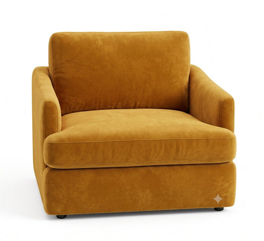 Sillón de un cuerpo Elton color Oro en pana antimanchas importada, silueta simple y minimalista — un sillón simple que combine con todo. Hecho a medida por Tienda de Banquitos.