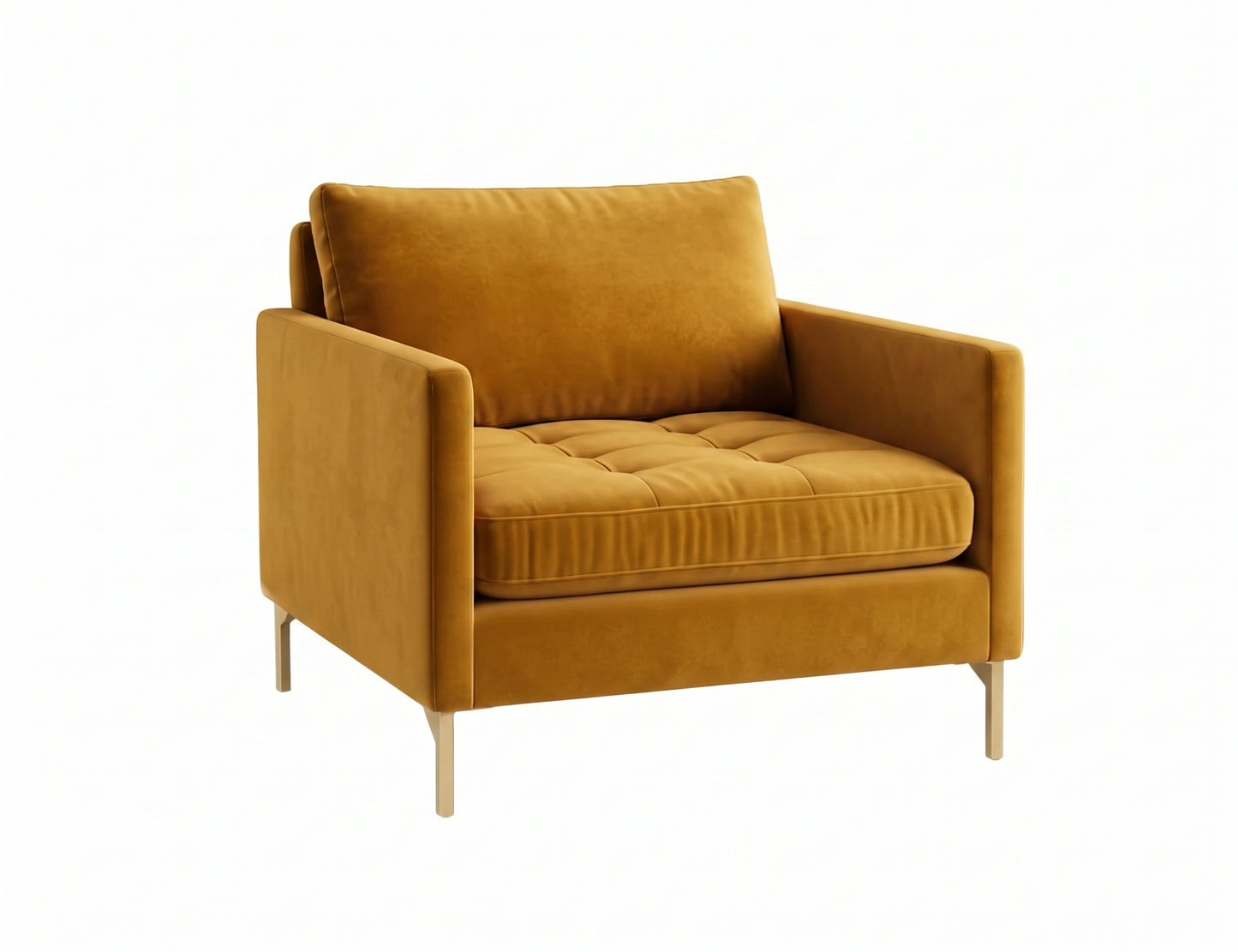 Sillón de un cuerpo Ristretto color Oro en pana antimanchas importada, detalle textural en el asiento y patas doradas — para un sillón elegante ideal si recibís visitas seguido. Hecho a medida por Tienda de Banquitos.