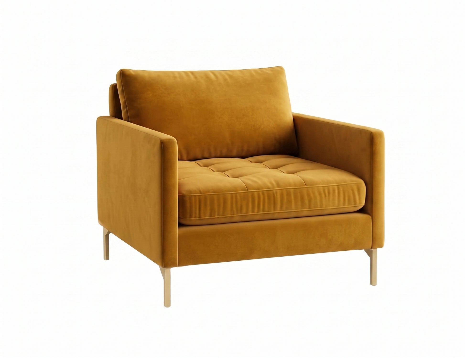 Sillón de un cuerpo Ristretto color Oro en pana antimanchas importada, detalle textural en el asiento y patas doradas — para un sillón elegante ideal si recibís visitas seguido. Hecho a medida por Tienda de Banquitos.