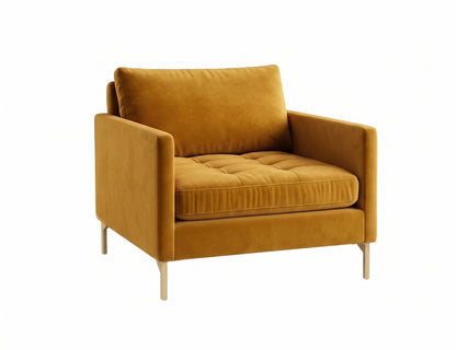 Sillón de un cuerpo Ristretto color Oro en pana antimanchas importada, detalle textural en el asiento y patas doradas — para un sillón elegante ideal si recibís visitas seguido. Hecho a medida por Tienda de Banquitos.